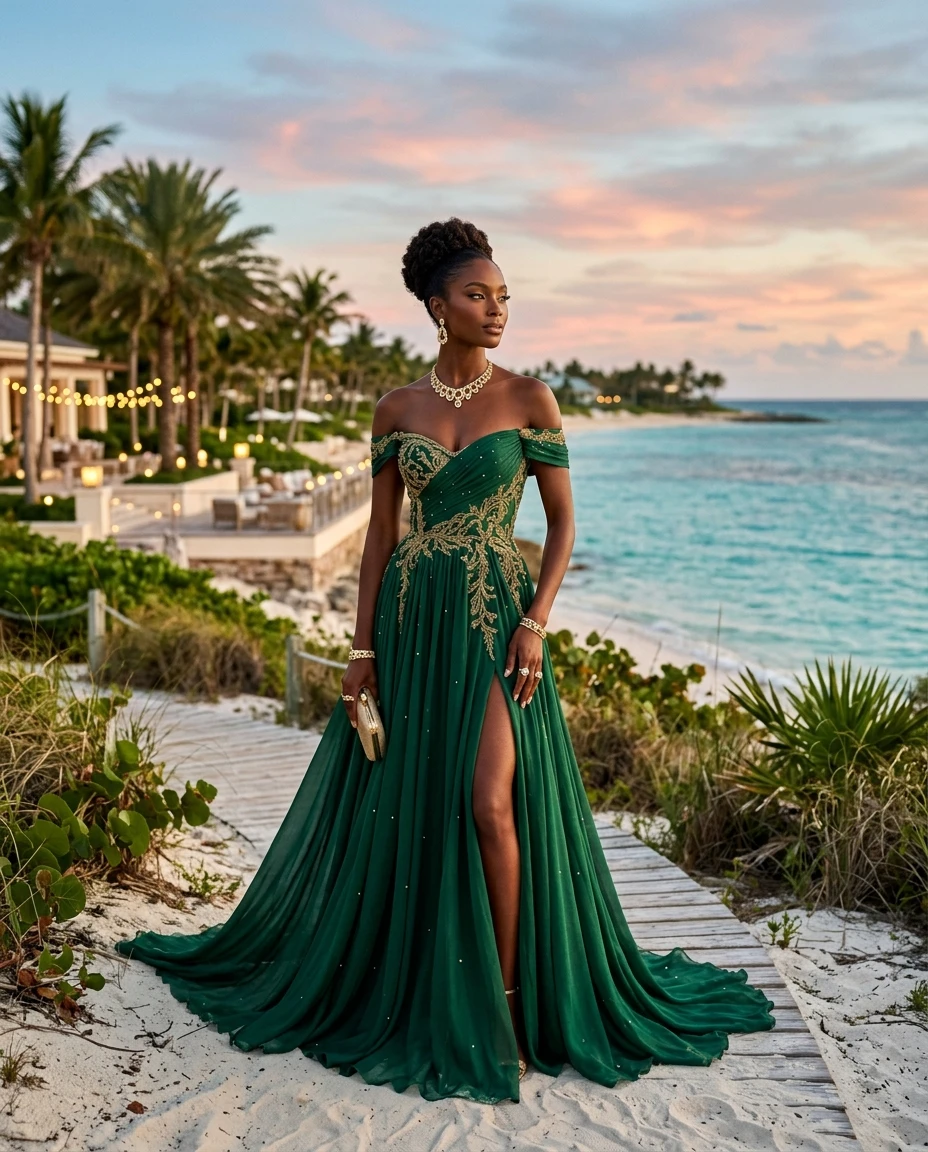 Gemma Deeks Style Guide: Cocktail Attire gala gown in Bahamas Summer 2026