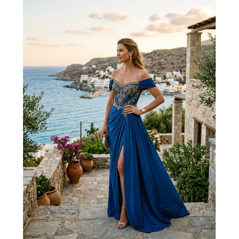 Gemma Deeks Style Guide: Cocktail Attire gala gown in Crete Summer 2026