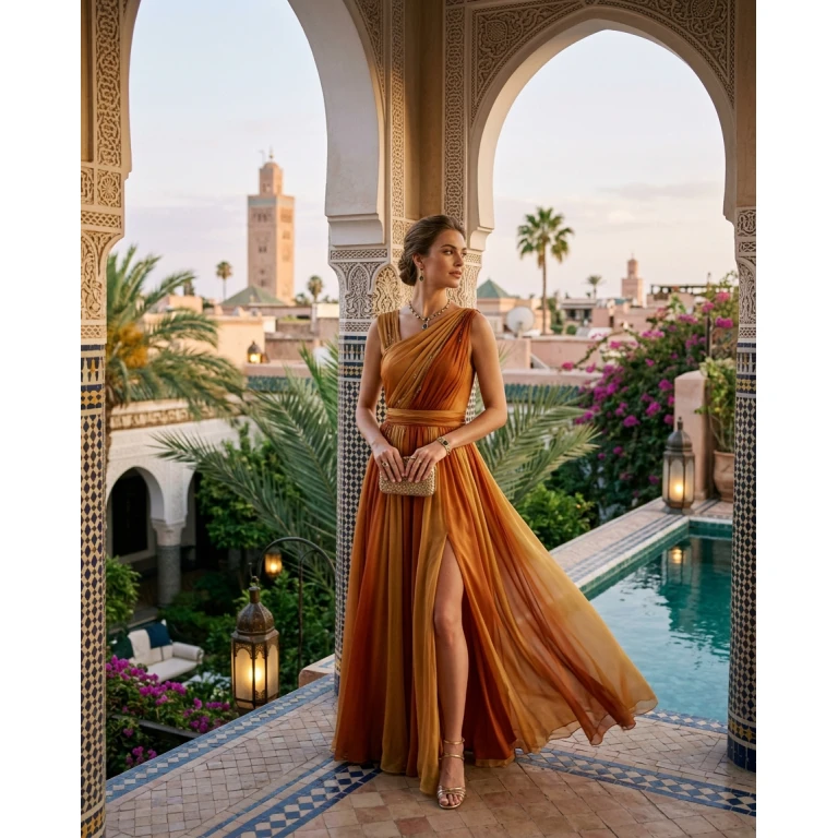 Gemma Deeks Style Guide: Cocktail Attire gala gown in Marrakech Summer 2026