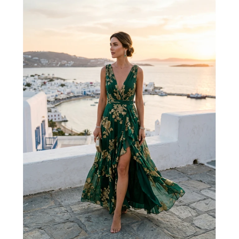 Gemma Deeks Style Guide: Cocktail Attire gala gown in Mykonos Summer 2026