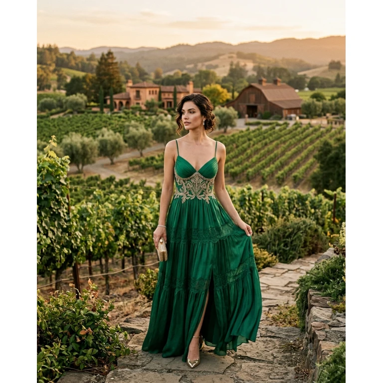 Gemma Deeks Style Guide: Cocktail Attire gala gown in Napa Valley Summer 2026