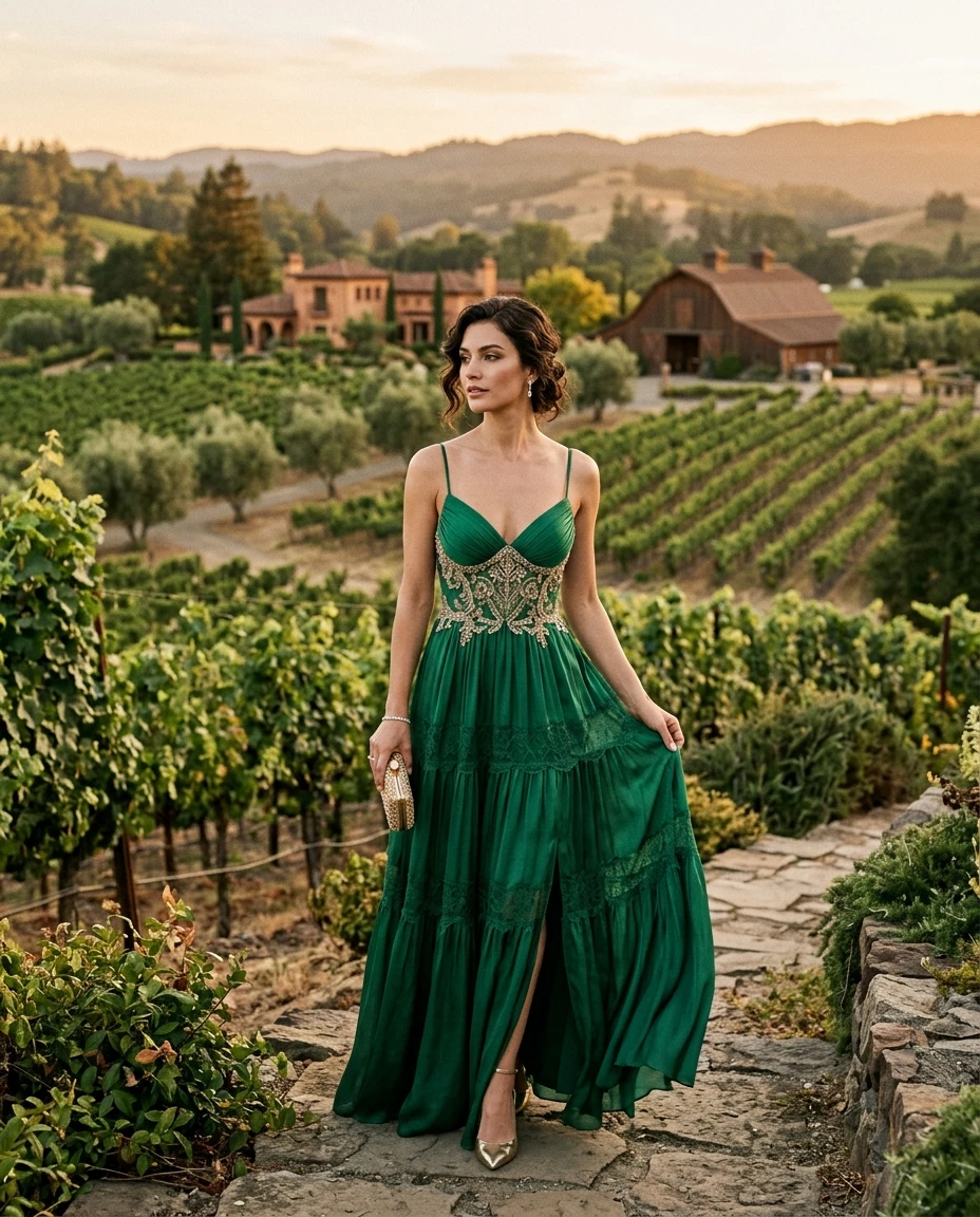 Gemma Deeks Style Guide: Cocktail Attire gala gown in Napa Valley Summer 2026