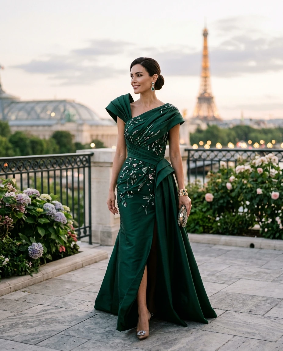 Gemma Deeks Style Guide: Cocktail Attire gala gown in Paris Summer 2026