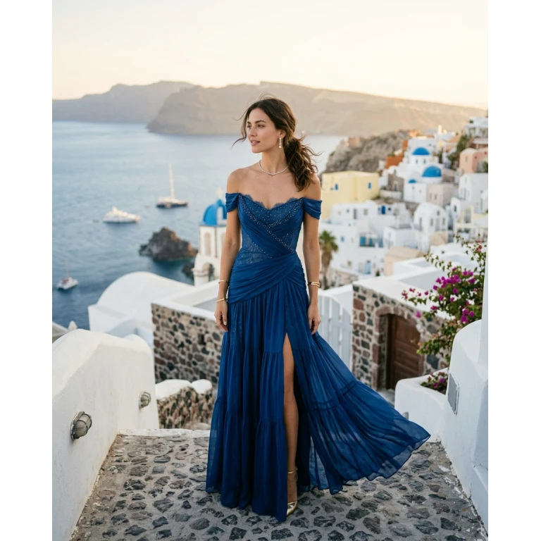 Gemma Deeks Style Guide: Cocktail Attire gala gown in Santorini Summer 2026