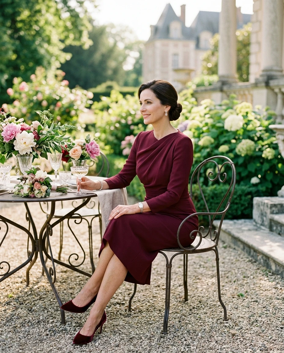 Gemma Deeks Style Guide: Cocktail Attire Mother’s Day in Burgundy Summer 2026