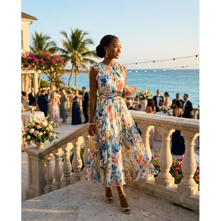 Gemma Deeks Style Guide: Cocktail Attire wedding guest dress in Bahamas Summer 2026