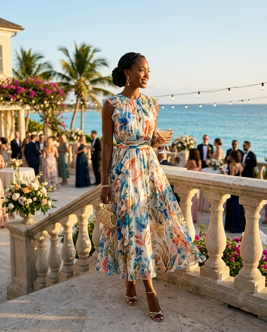 Gemma Deeks Style Guide: Cocktail Attire wedding guest dress in Bahamas Summer 2026