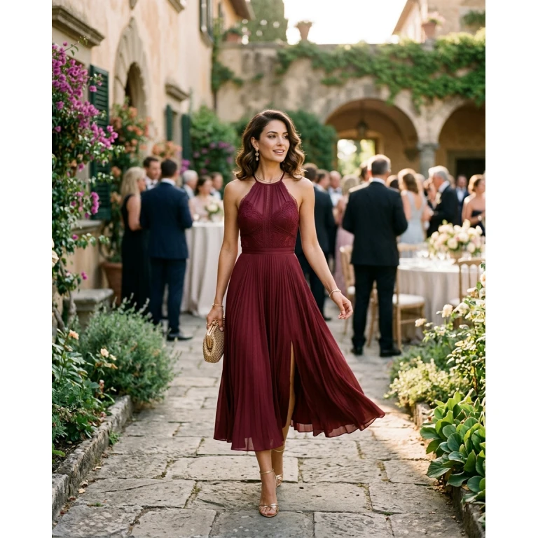 Gemma Deeks Style Guide: Cocktail Attire wedding guest dress in Burgundy Summer 2026