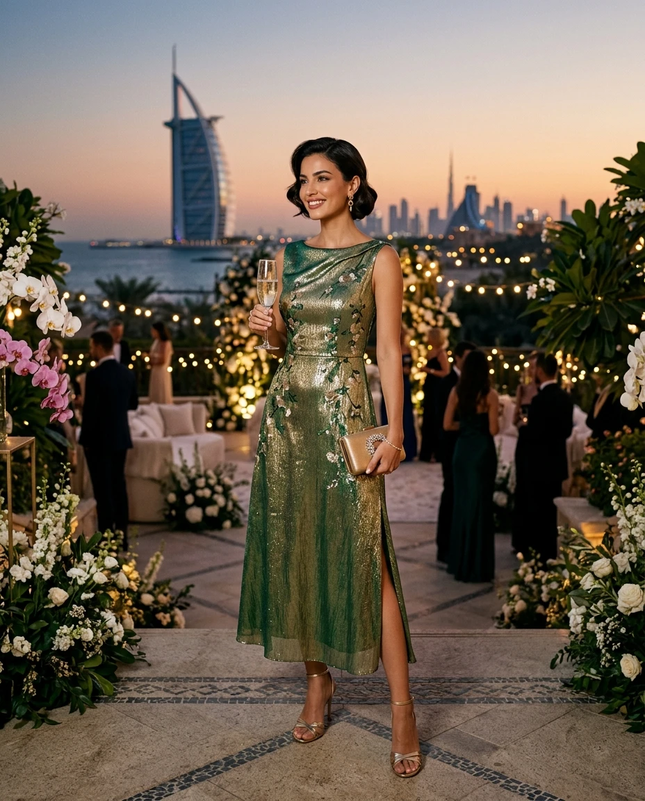 Gemma Deeks Style Guide: Cocktail Attire wedding guest dress in Dubai Summer 2026