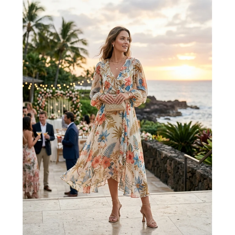 Gemma Deeks Style Guide: Cocktail Attire wedding guest dress in Hawaii Summer 2026