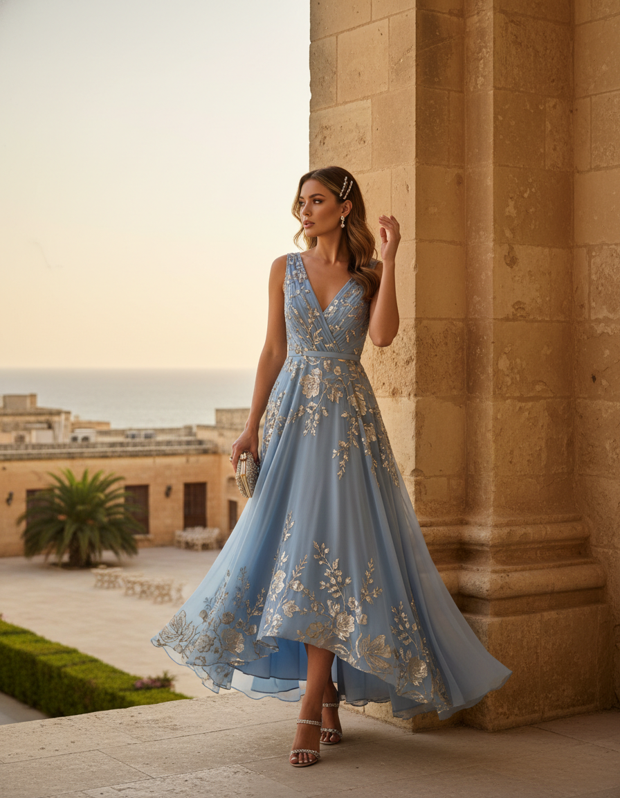 Gemma Deeks Style Guide: Cocktail Attire wedding guest dress in Malta Summer 2026