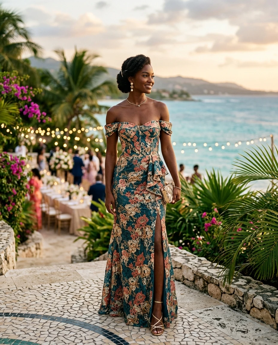 Gemma Deeks Style Guide: Cocktail Attire wedding guest dress in Montego Bay Summer 2026