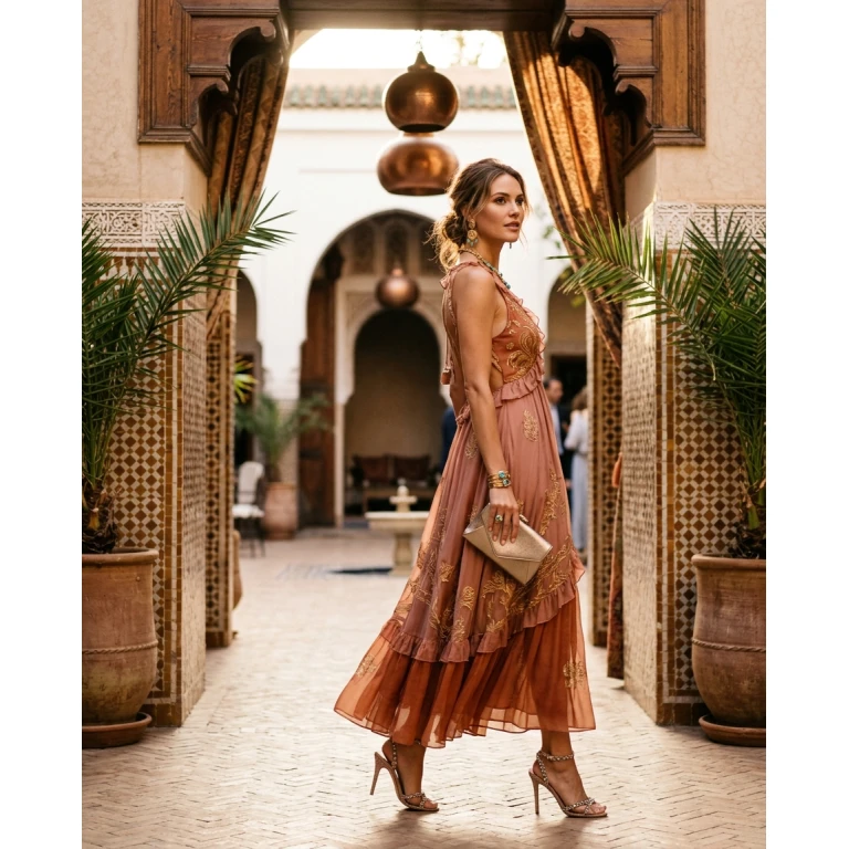 Gemma Deeks Style Guide: Cocktail Attire wedding guest dress in Moroco Summer 2026