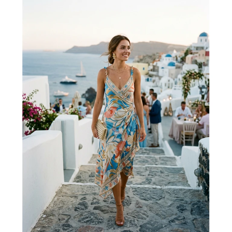 Gemma Deeks Style Guide: Cocktail Attire wedding guest dress in Mykonos Summer 2026