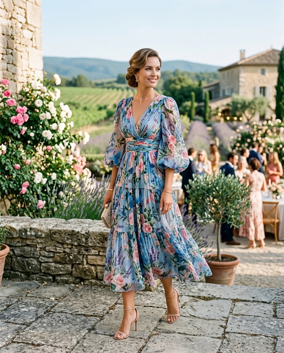 Gemma Deeks Style Guide: Cocktail Attire wedding guest dress in Provence France Summer 2026