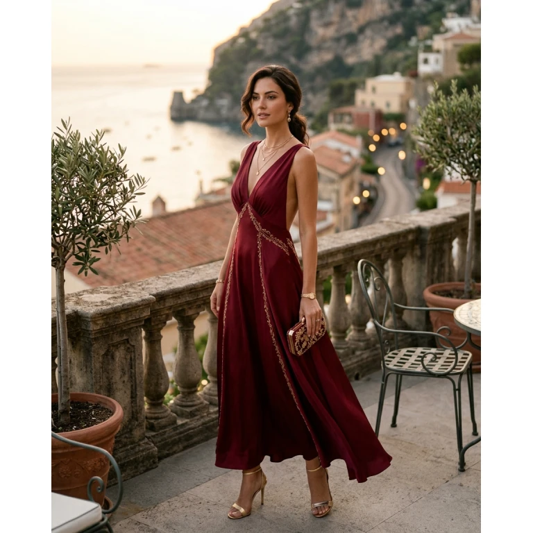 Gemma Deeks Style Guide: Cocktail dinner outfit in Burgundy Summer 2026