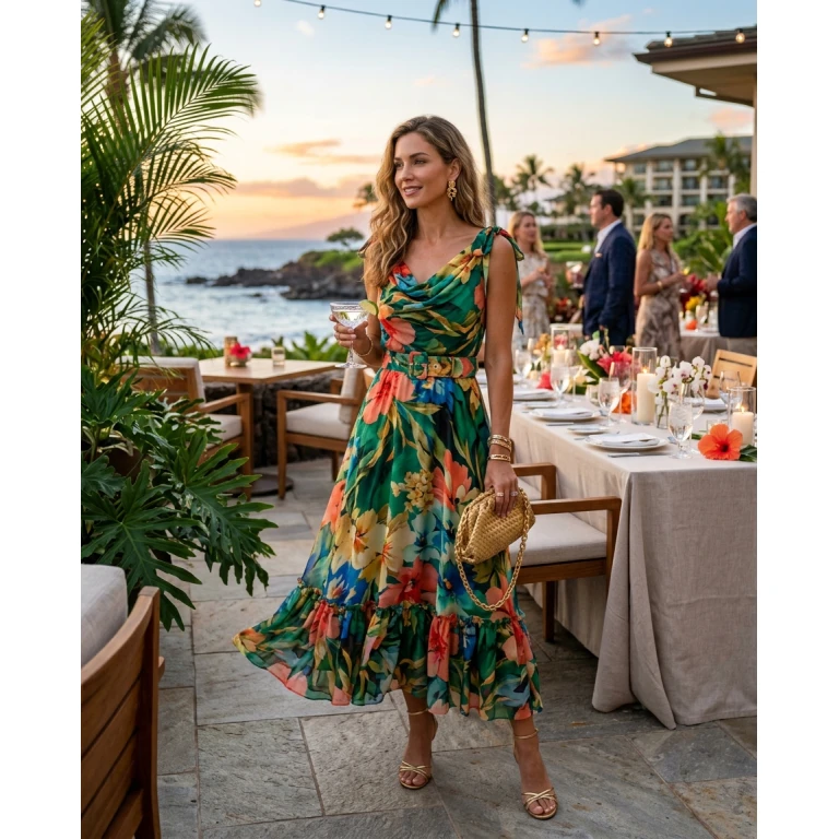 Gemma Deeks Style Guide: Cocktail dinner outfit in Hawaii Summer 2026