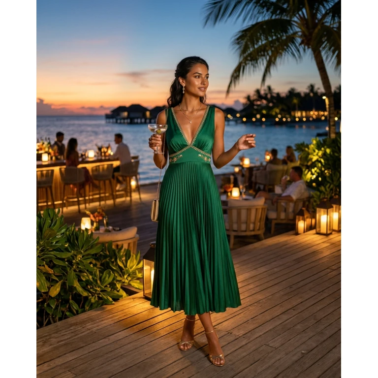 Gemma Deeks Style Guide: Cocktail dinner outfit in Maldives Summer 2026