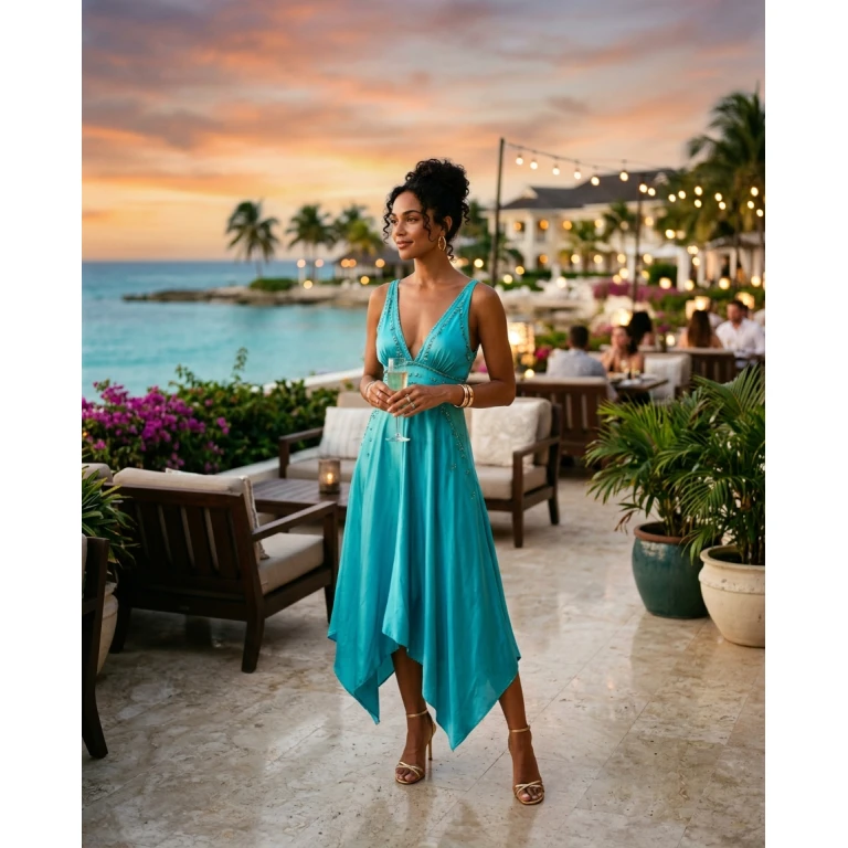 Gemma Deeks Style Guide: Cocktail dinner outfit in Montego Bay Summer 2026