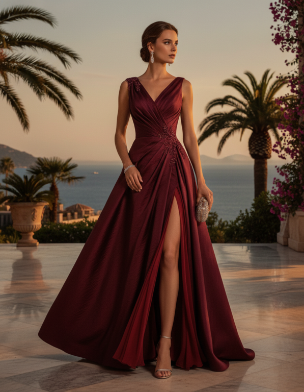 Gemma Deeks Style Guide: Cocktail gala gown in Burgundy Summer 2026