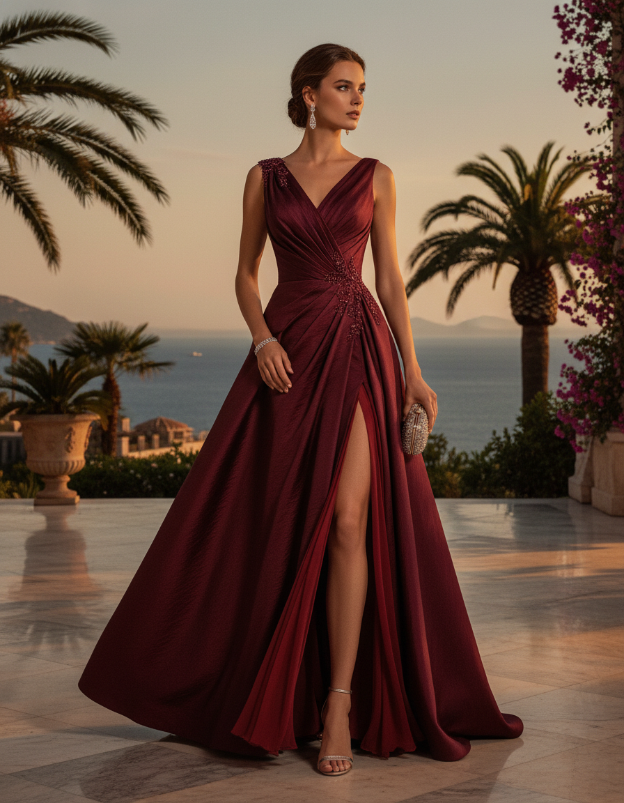 Gemma Deeks Style Guide: Cocktail gala gown in Burgundy Summer 2026