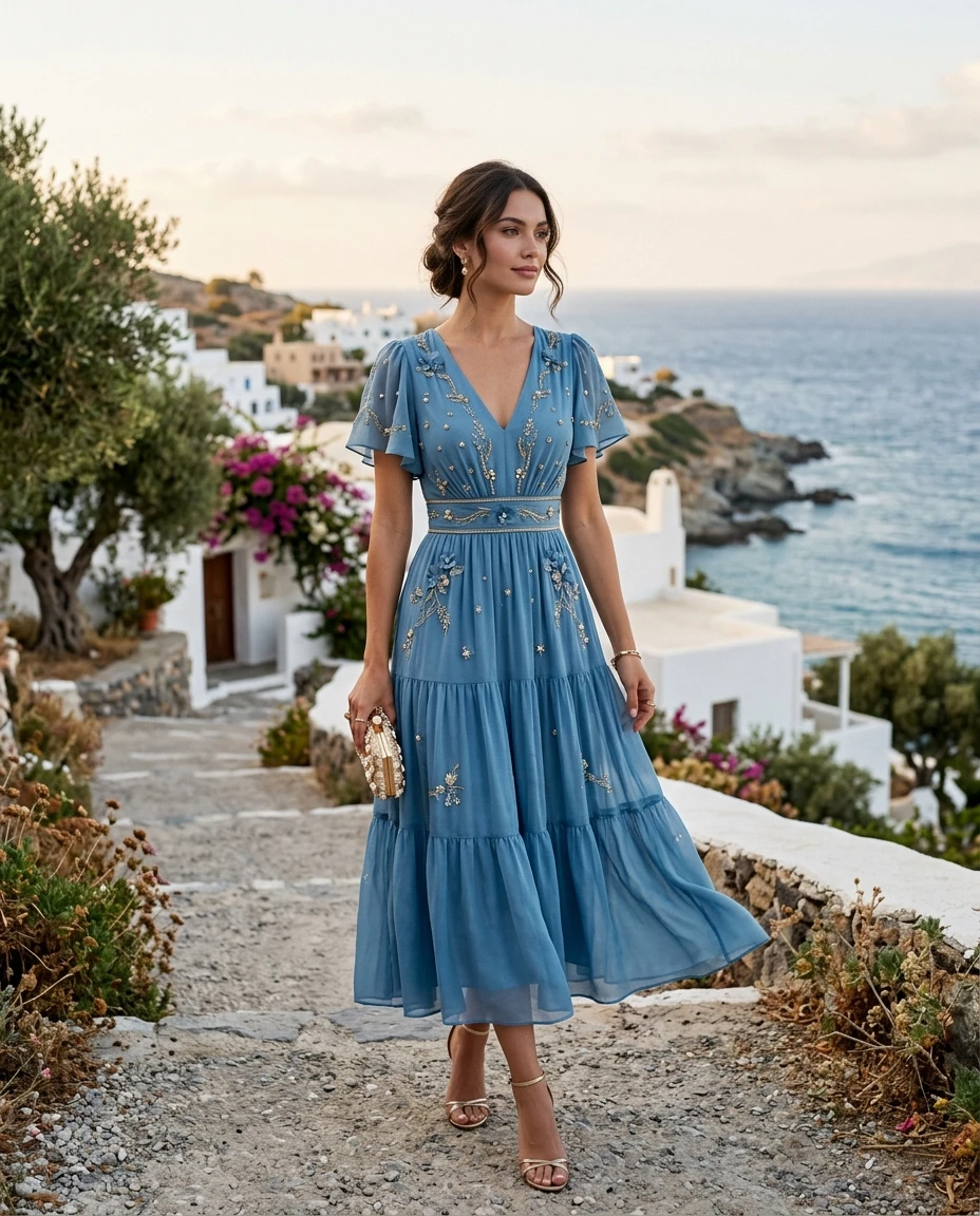 Gemma Deeks Style Guide: Cocktail wedding guest dress in Crete Summer 2026