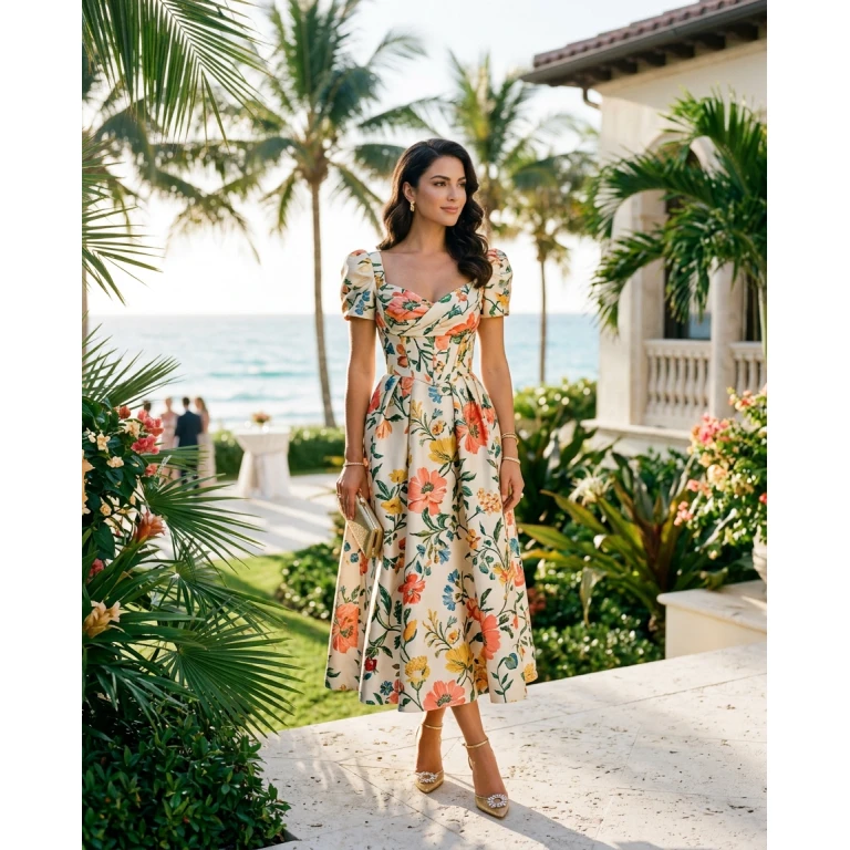 Gemma Deeks Style Guide: Cocktail wedding guest dress in Florida Summer 2026