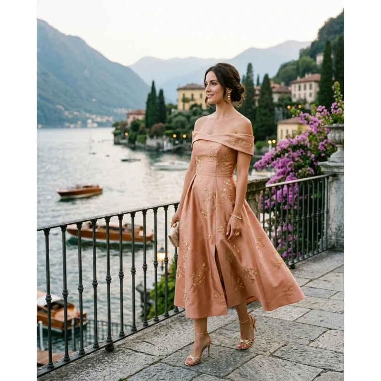 Gemma Deeks Style Guide: Cocktail wedding guest dress in Lake Como Summer 2026