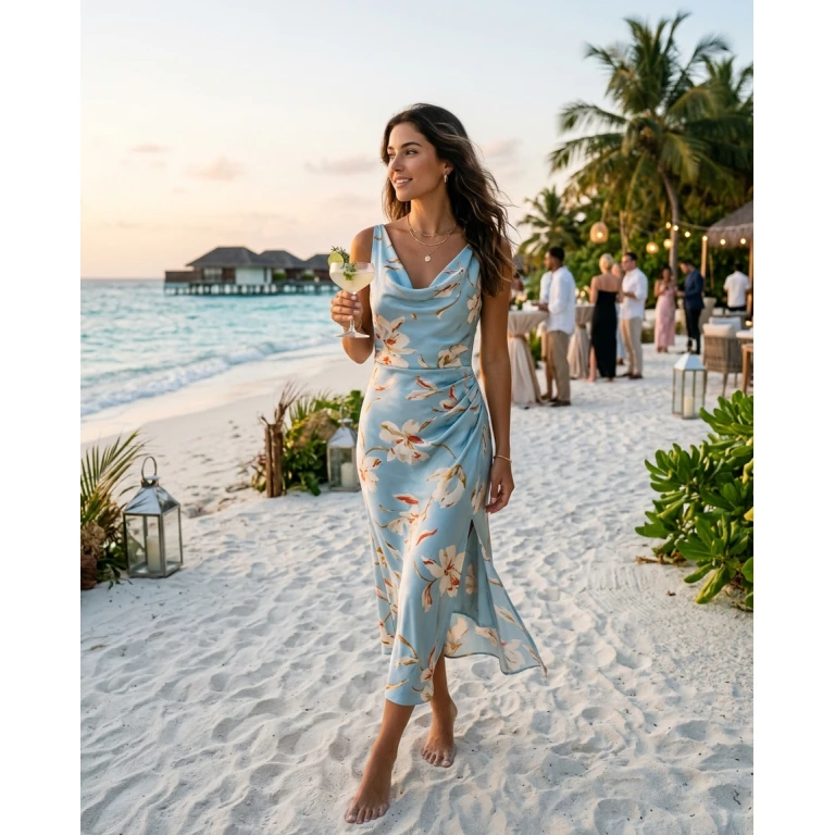 Gemma Deeks Style Guide: Cocktail wedding guest dress in Maldives Summer 2026