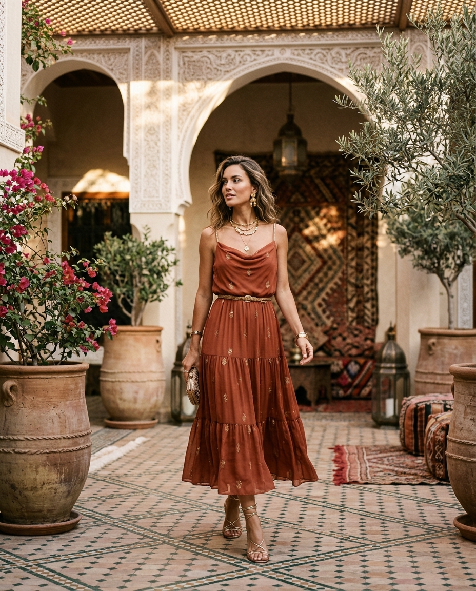 Gemma Deeks Style Guide: Cocktail wedding guest dress in Marrakech Summer 2026