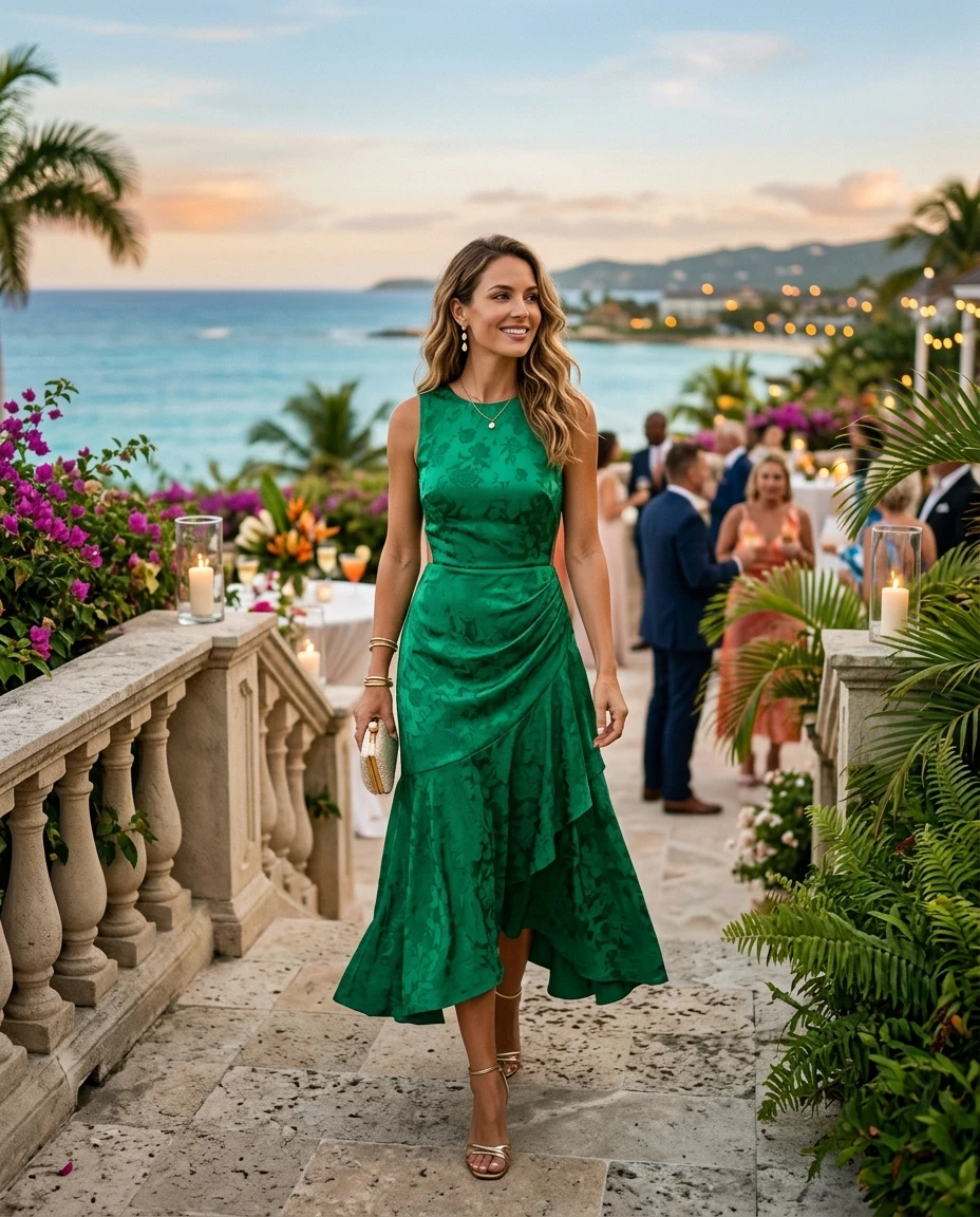 Gemma Deeks Style Guide: Cocktail wedding guest dress in Montego Bay Summer 2026