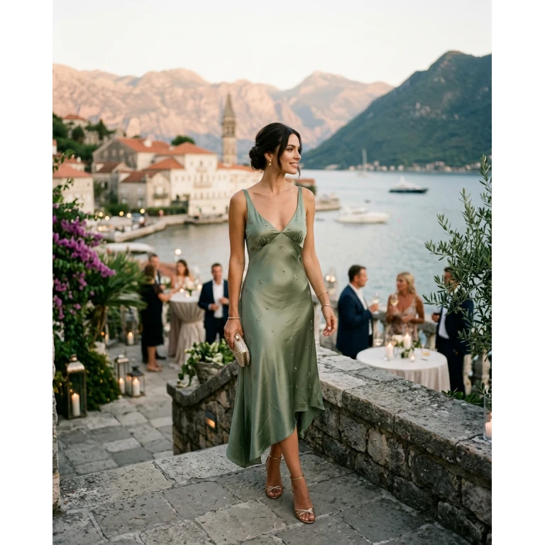 Gemma Deeks Style Guide: Cocktail wedding guest dress in Montenegro Summer 2026
