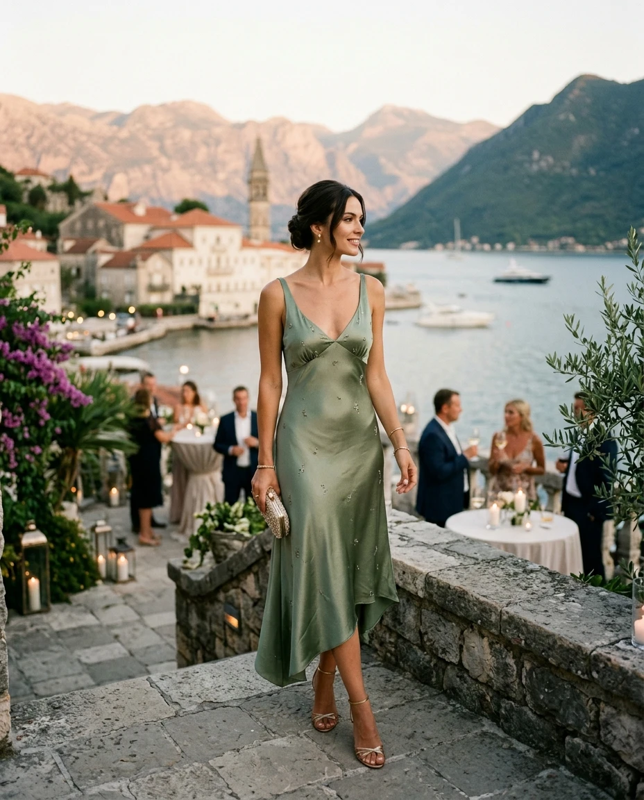 Gemma Deeks Style Guide: Cocktail wedding guest dress in Montenegro Summer 2026
