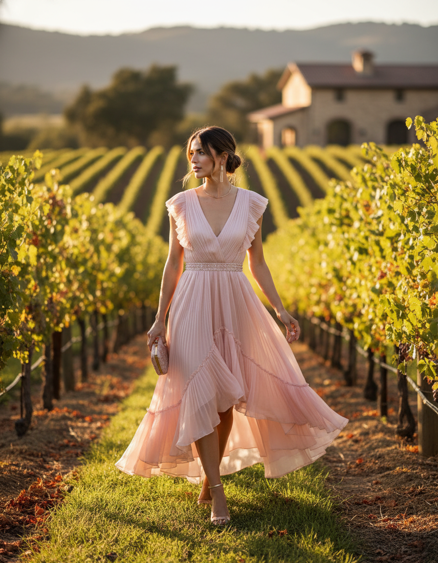 Gemma Deeks Style Guide: Cocktail wedding guest dress in Napa Valley Summer 2026