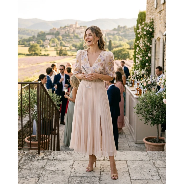 Gemma Deeks Style Guide: Cocktail wedding guest dress in Provence France Summer 2026