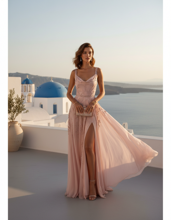 Gemma Deeks Style Guide: Cocktail wedding guest dress in Santorini Summer 2026