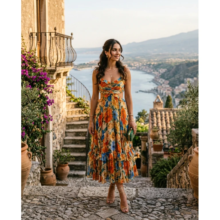 Gemma Deeks Style Guide: Cocktail wedding guest dress in Sicily Summer 2026