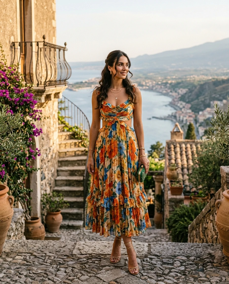 Gemma Deeks Style Guide: Cocktail wedding guest dress in Sicily Summer 2026