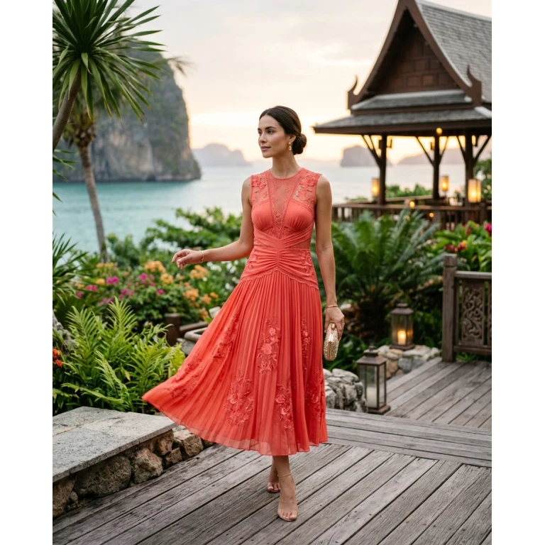 Gemma Deeks Style Guide: Cocktail wedding guest dress in Thailand Summer 2026