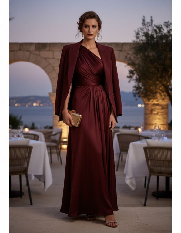 Gemma Deeks Style Guide: Elegant Chic dinner outfit in Burgundy Summer 2026