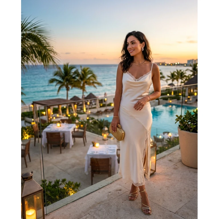 Gemma Deeks Style Guide: Elegant Chic dinner outfit in Cancun Summer 2026