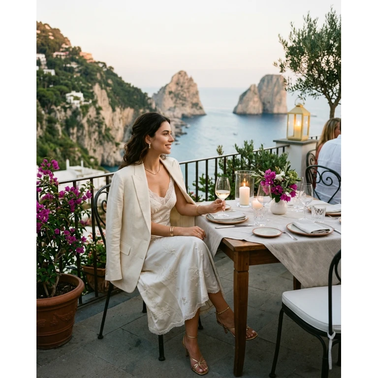 Gemma Deeks Style Guide: Elegant Chic dinner outfit in Capri Summer 2026