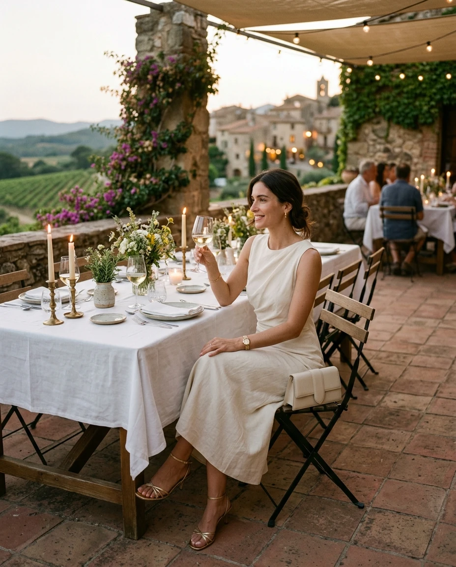 Gemma Deeks Style Guide: Elegant Chic dinner outfit in Catalonia Summer 2026