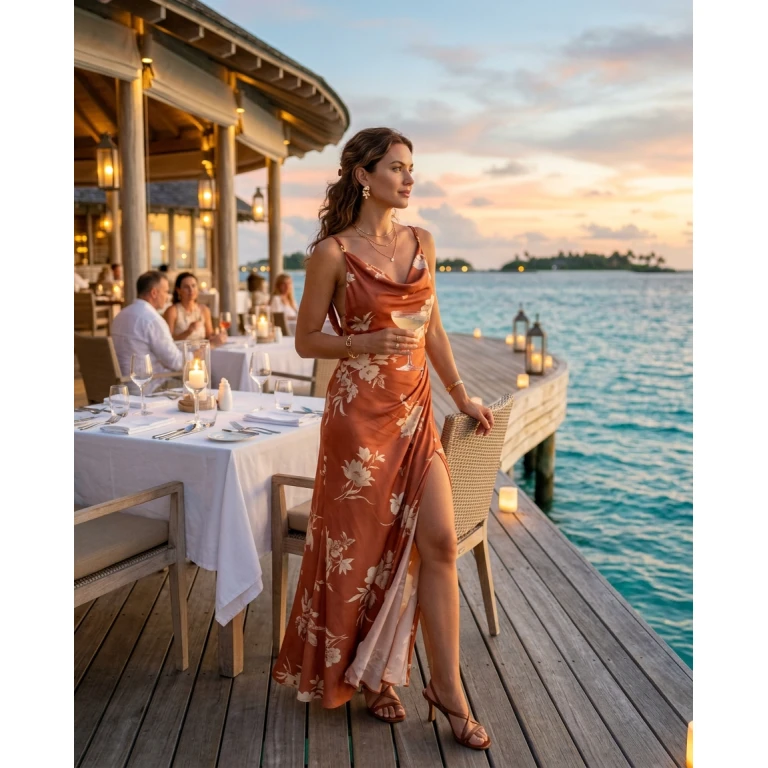 Gemma Deeks Style Guide: Elegant Chic dinner outfit in Maldives Summer 2026