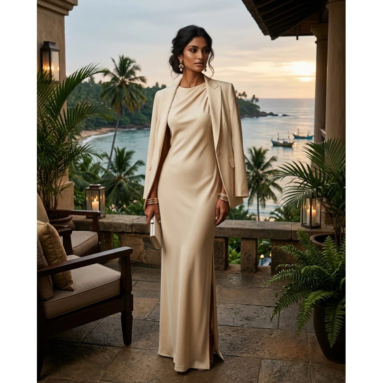 Gemma Deeks Style Guide: Elegant Chic dinner outfit in Sri Lanka Summer 2026
