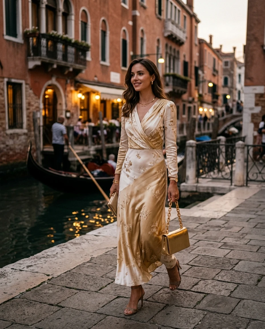 Gemma Deeks Style Guide: Elegant Chic dinner outfit in Venice Summer 2026