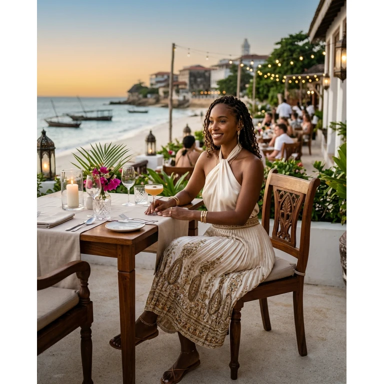 Gemma Deeks Style Guide: Elegant Chic dinner outfit in Zanzibar Summer 2026