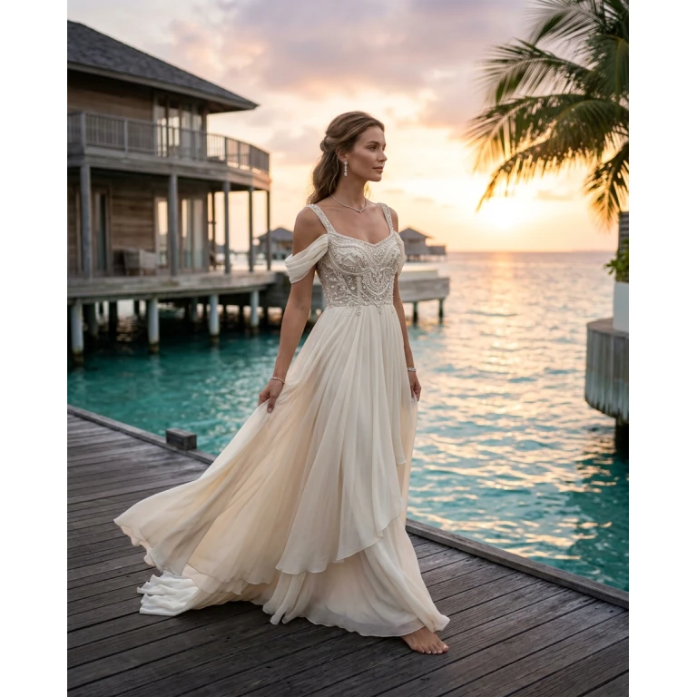 Gemma Deeks Style Guide: Elegant Chic gala gown in Maldives Summer 2026