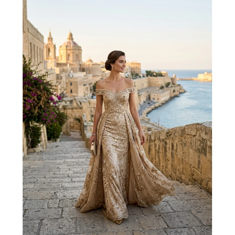 Gemma Deeks Style Guide: Elegant Chic gala gown in Malta Summer 2026