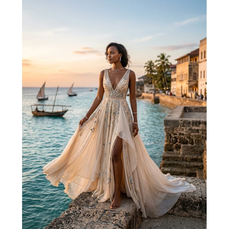 Gemma Deeks Style Guide: Elegant Chic gala gown in Zanzibar Summer 2026